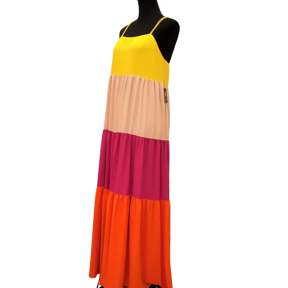 Express Tiered Spaghetti Straps Kriss Kross Back Colorblock Maxi Dress